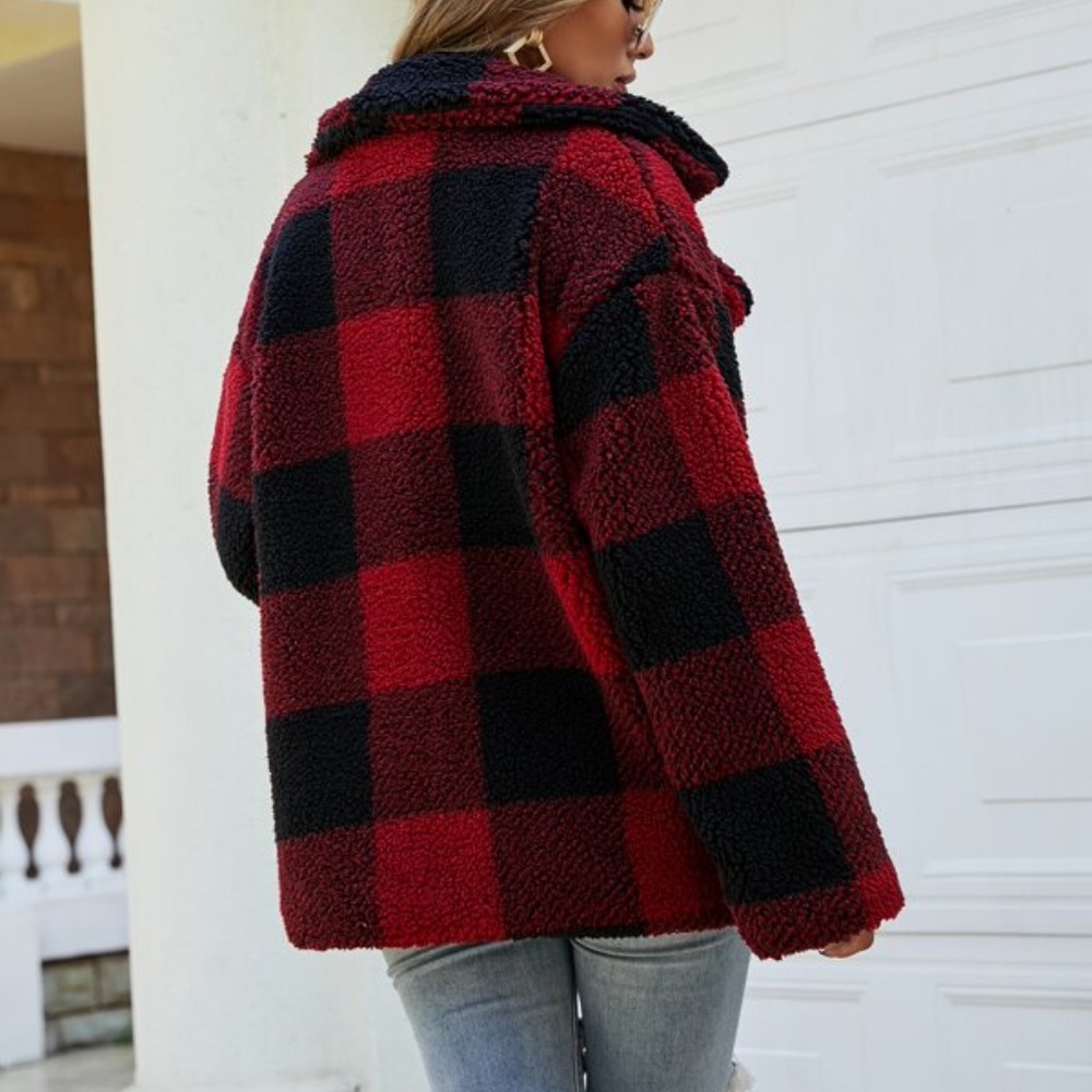 Red Black Plaid Teddy Button Minimalist Jacket Coat - Picture 3 of 4